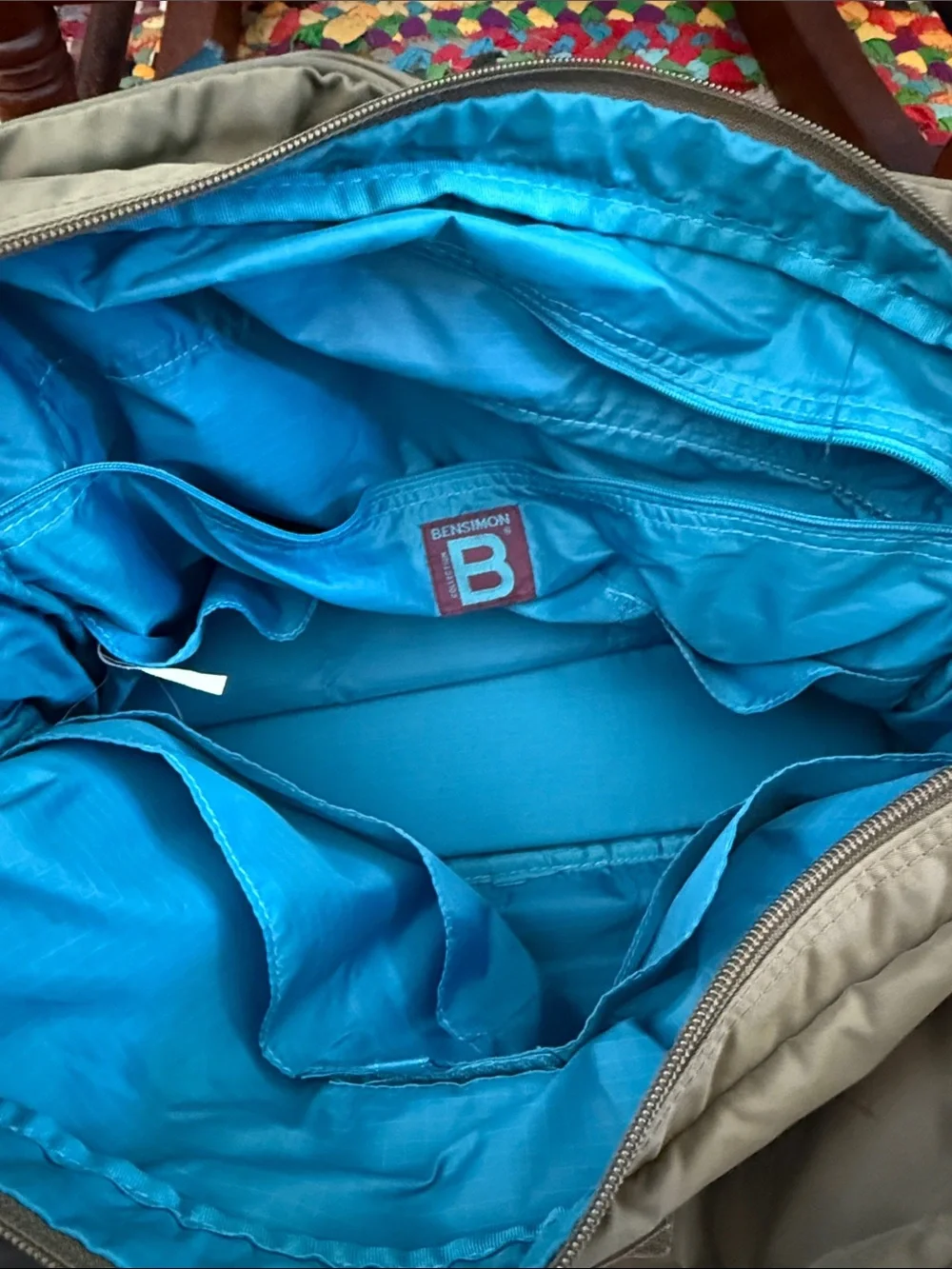 Bensimon Olive & Teal Nylon Commuter Laptop Zip Closure Travel Bag